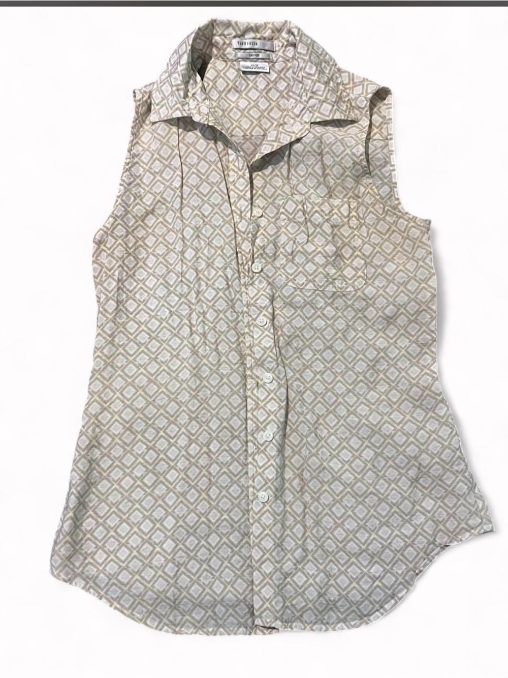 Van Heusen Sleeveless Button-Down Top in Cream and Tan Geometric Print